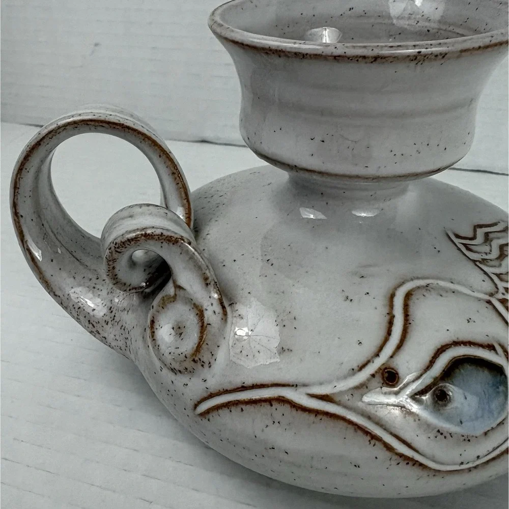 Vintage Handunnid Iceland Pottery Sigurdur Hauksson Fish Candle Holder Signed